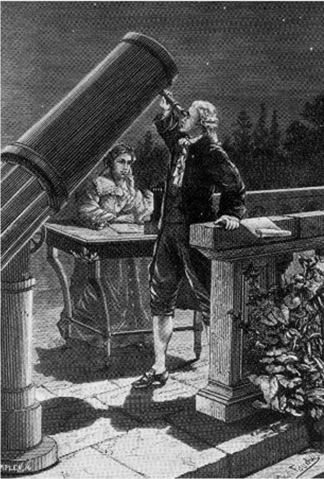 An image of William Herschel looking through a telescope
